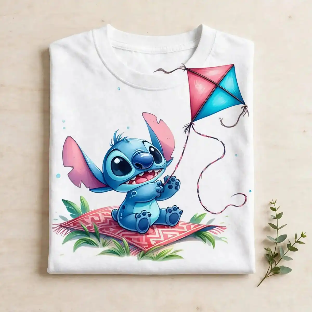stitch kites summer picnic shirt design with cute small blue alien lilo stitch style stitch kites lilo stitch shirt png design printed on a plain product mockup